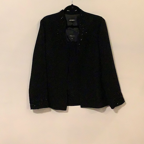 Studio One 3 Piece Skirt Suit Black Sequined Beaded Trim Sz 16, Open Front. - Picture 3 of 5